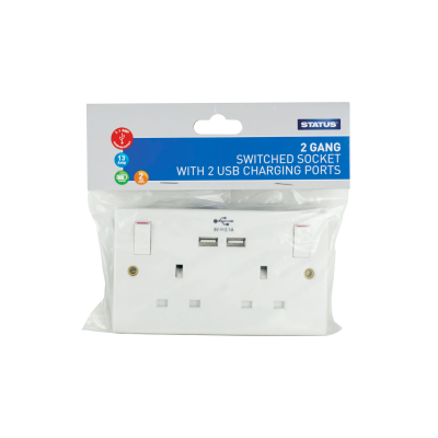 Status 2 Gang Switched Wall Socket With 2 USB Ports Carded Status 2 Gang Switched Wall Socket With 2 USB Ports Carded